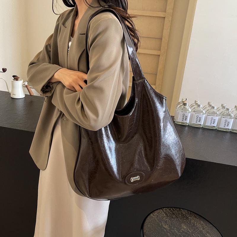 

Ретро сумки через плечо для женщин из вощеной искусственной кожи чистого цвета большой емкости сумки-шопперы осенние новые женские сумки для поездок на работу 38x34x8cm кофейный