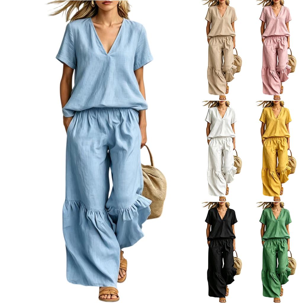 Women's V-Neck Short Sleeve Loose Fit Top and Casual Pants 2-Piece Set Color Outfit