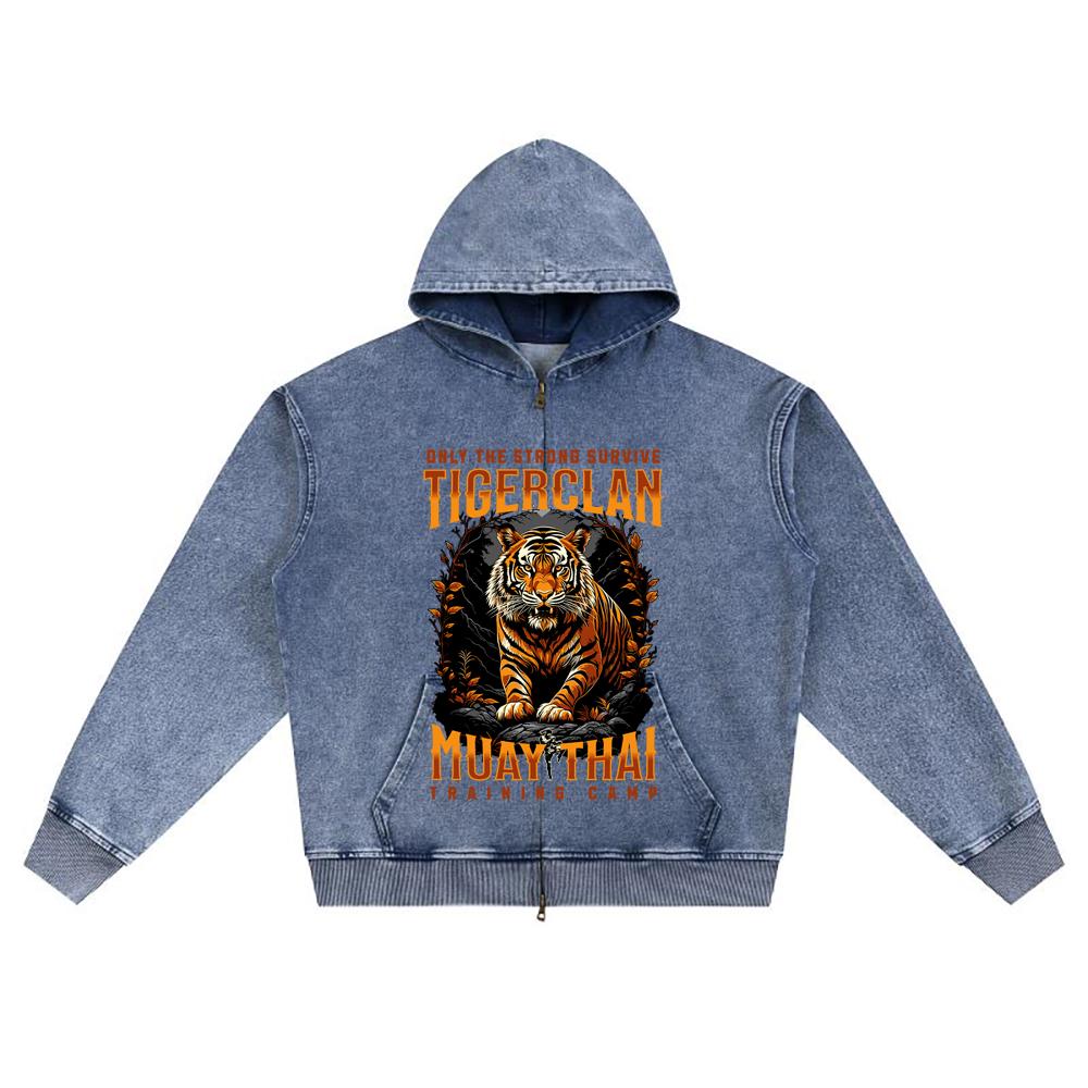 DTG print Knitted Denim Zip-Up Hoodie Tigerclan Training Camp Brother Print Zipper Hoodies  