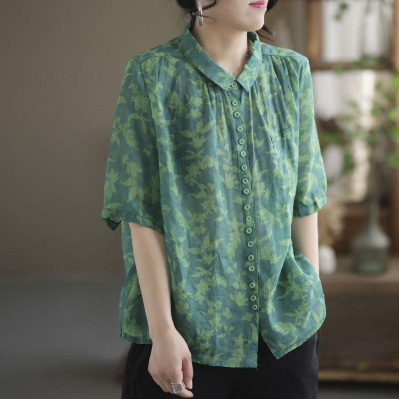 Plus Size Dames Zomer Losse Pasvorm Slankmakend Katoen Linnen Blouse met Knopen Bedrukt Patroon Casual Mode Kleding