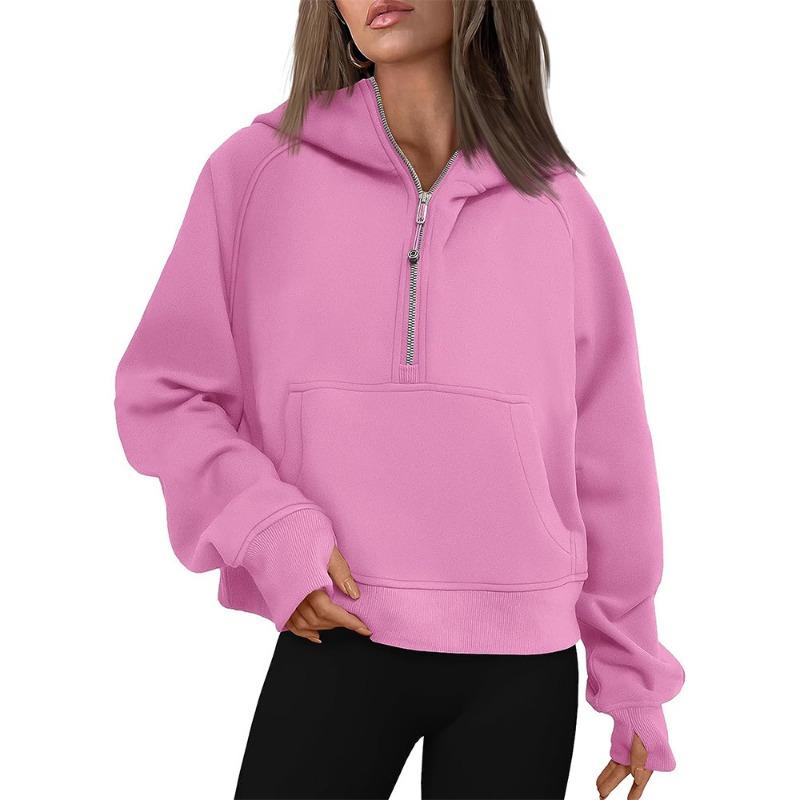 Autumn and Winter Zipper Casual Loose Hoodies Women Tops Fashion Solid Long Sleeve Crop Sweatshirts Women Pocket Simple Office Ladies Hooded 25179