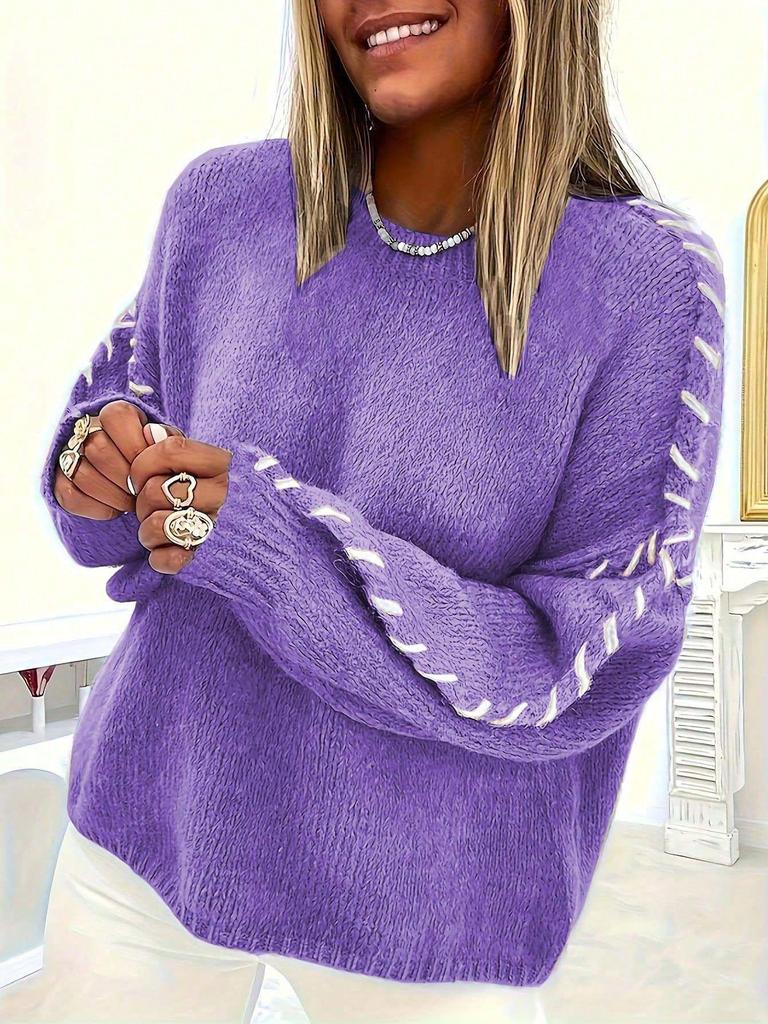 Women's Autumn/Winter Color Block Round Neck Pullover Top