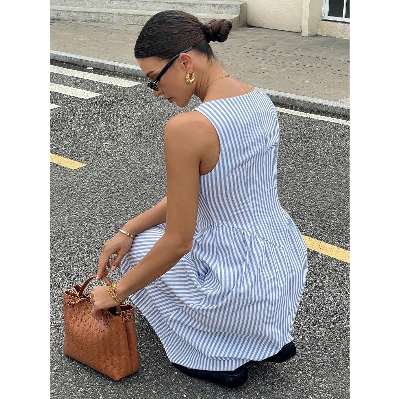 YYFS Women's Fashion Summer Spring Stripe Print Sleeveless Square Collar High Waist Casual Dresses