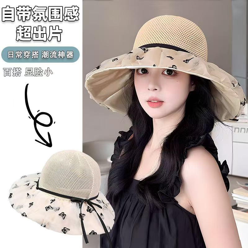 Summer New Hat Women's Mesh Bow Bucket Hat Versatile Sunscreen Visor Big Brim Sun Hat