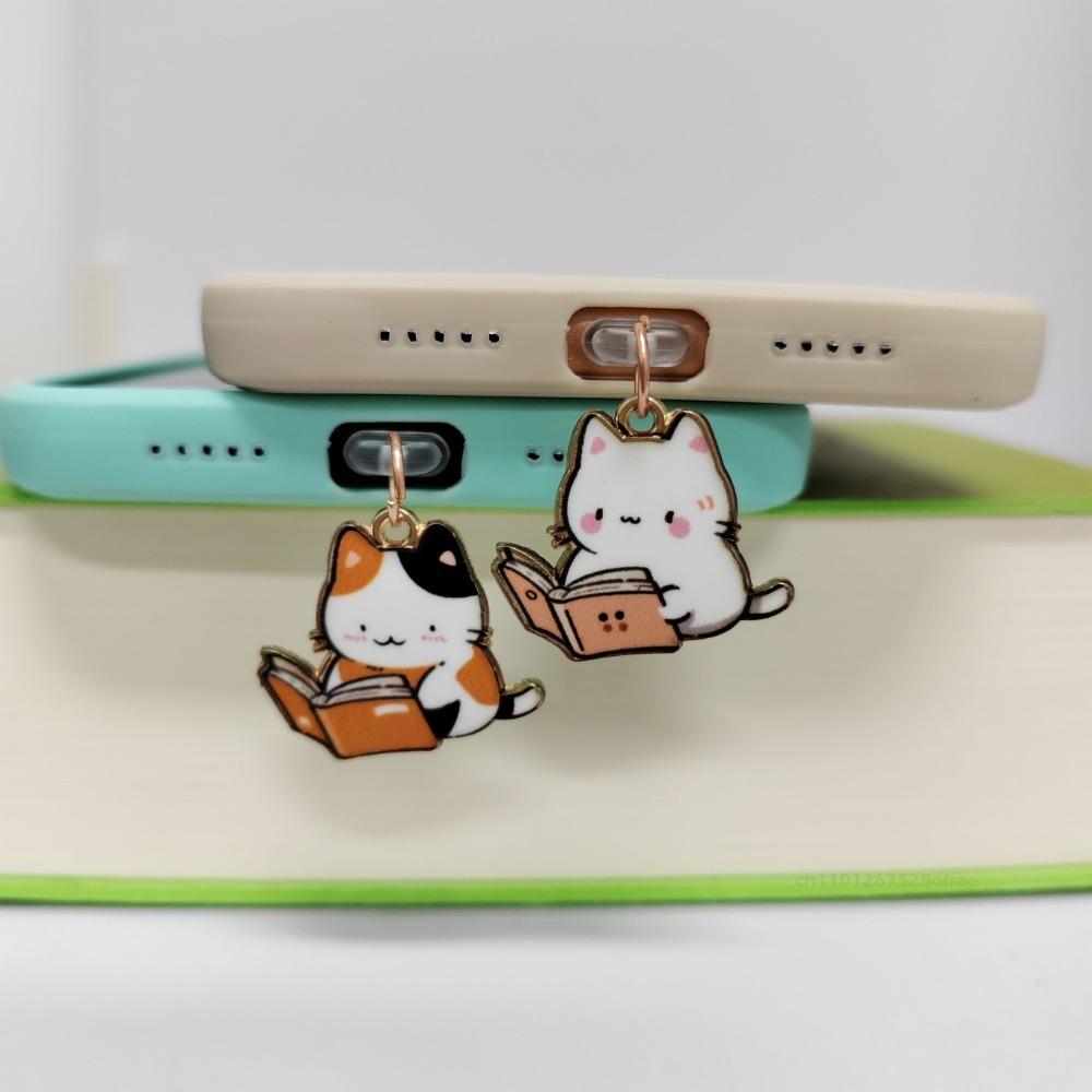Kawaii Dust Plug Reading Cat Charge Port Plug For IPhone Type C Anti Dust Cap Decoration Hanging Phone Pendant Ladies Gift