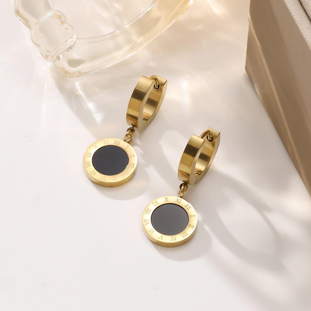 Fashion Titanium Steel Roman Numeral Earrings - Black & White Simple Commute Style