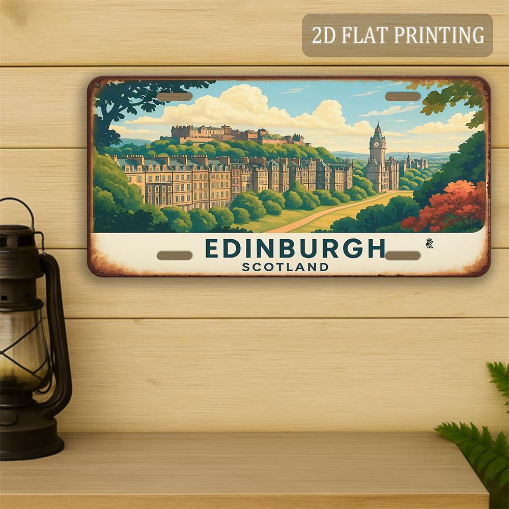 D Flat Printing Vintage EDINBURGH SCOTLAND with Edinburgh Castle  Cityscape Illustration Aluminum Tin Painting License Plat 15x30cm(5.9x7.8inch)