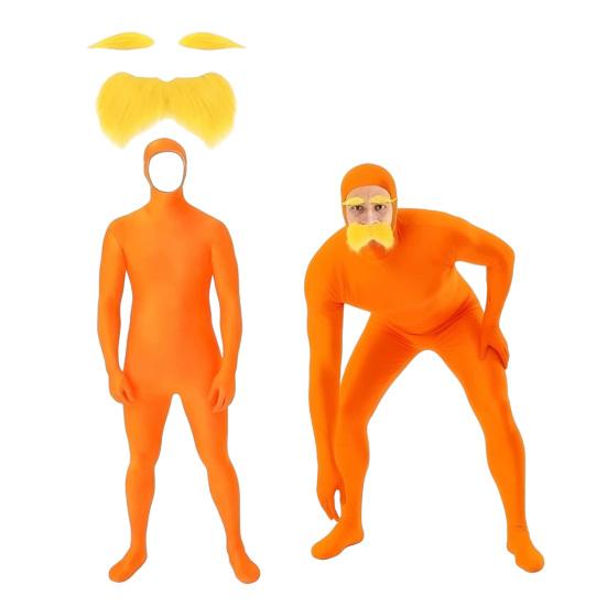 Xiaobudian Face Open Halloween Costume, Unisex Full Body Orange Bodysuit with Beard Eyebrows for Men Women, Adult Stretchy Cosplay Jumpsuit Party