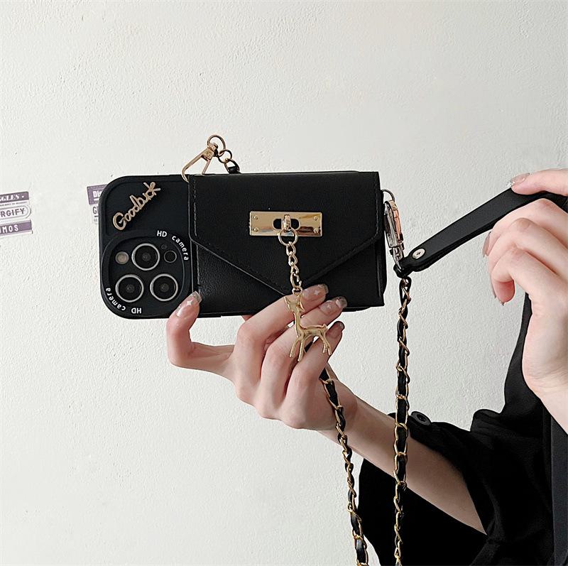 Elk Metal Card Holder for Apple 14 Pro Max, 13, 12 - Anti-fall, Chic Chain XS Fashion Case