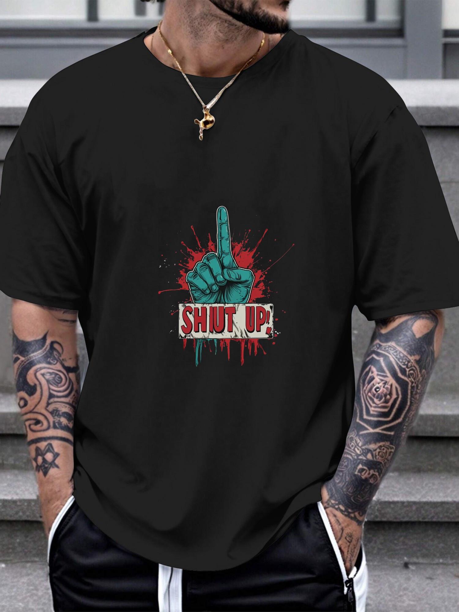 1pc Casual Graphic T-shirt - Black with Turquoise Hand & Red Paint Splatter SHUT UP! Bold Typography M
