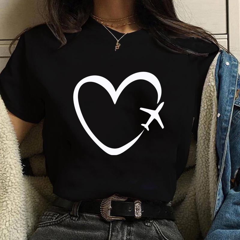 Personalized Creative Airplane Heart Pattern Printed T-Shirt Women's Fashion Shirt Casual Outdoor Women's Round Neck Short Sleev