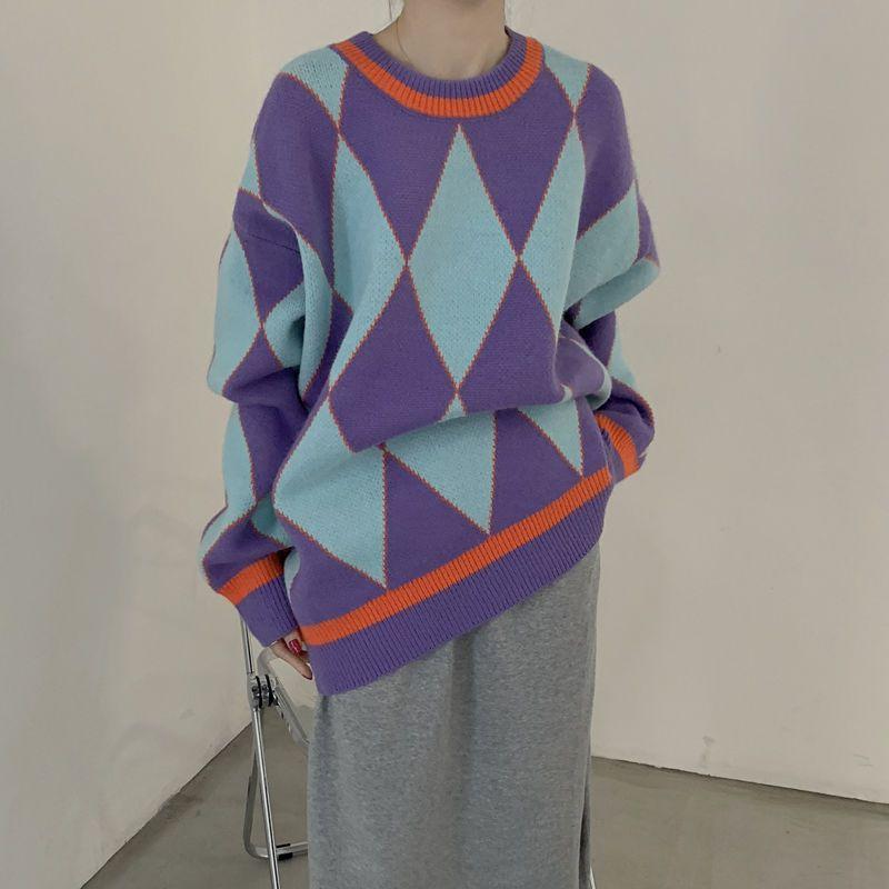 Autumn Winter Women's Korean Style Student Color Block Argyle Lazy Loose Sweater Versatile Knit Top