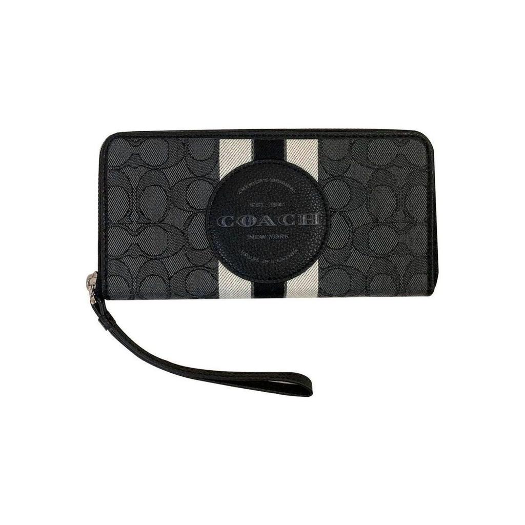 Coach Dempsey 18 Round Logo Stripe Jacquard Pebble Leather Wallet Women Wallet Black C9073-SVRT6
