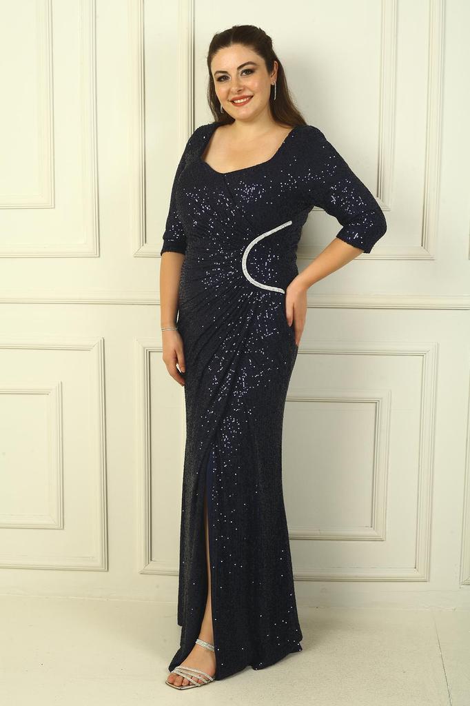 Truvakar Kol Astarlı Önü Drapeli Pulpayet Büyük Beden Uzun Elbise