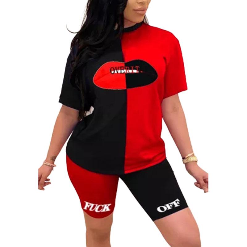 Woman Suit Lips Printed Short Sleeve O Neck T-shirt+Pocket Shorts Pant S-2XL