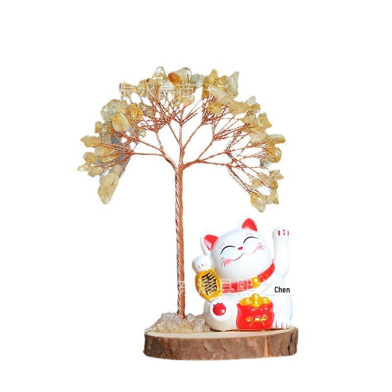 Yellow Crystal Money Tree with Lucky Cat on Natural Wood Base - Home and Office Decor Ornament