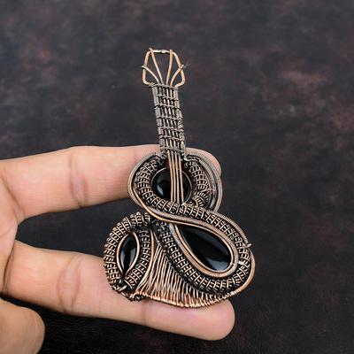 Black Onyx Pendant Copper Wire Wrapped Pendant Guitar Pendant Black Onyx Jewelry Gemstone Pendant Handmade Copper Jewelry Pendant For Gifts