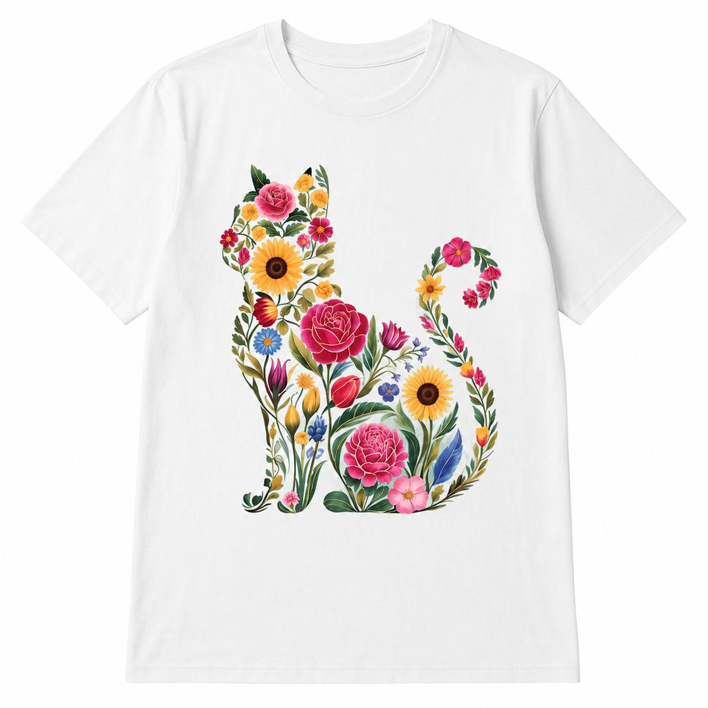Wildflower Cat Graphic T-Shirt Floral Nature Lover Cute Cat Gift Tee