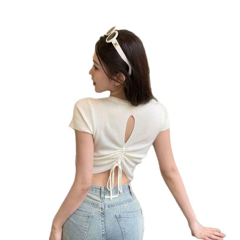 Niche Design Sense Unique Slim-fit High-waisted Short-sleeved T-shirt Pure Desire Wind Spice Girl Back Hollow Drawstring Ins Top Women