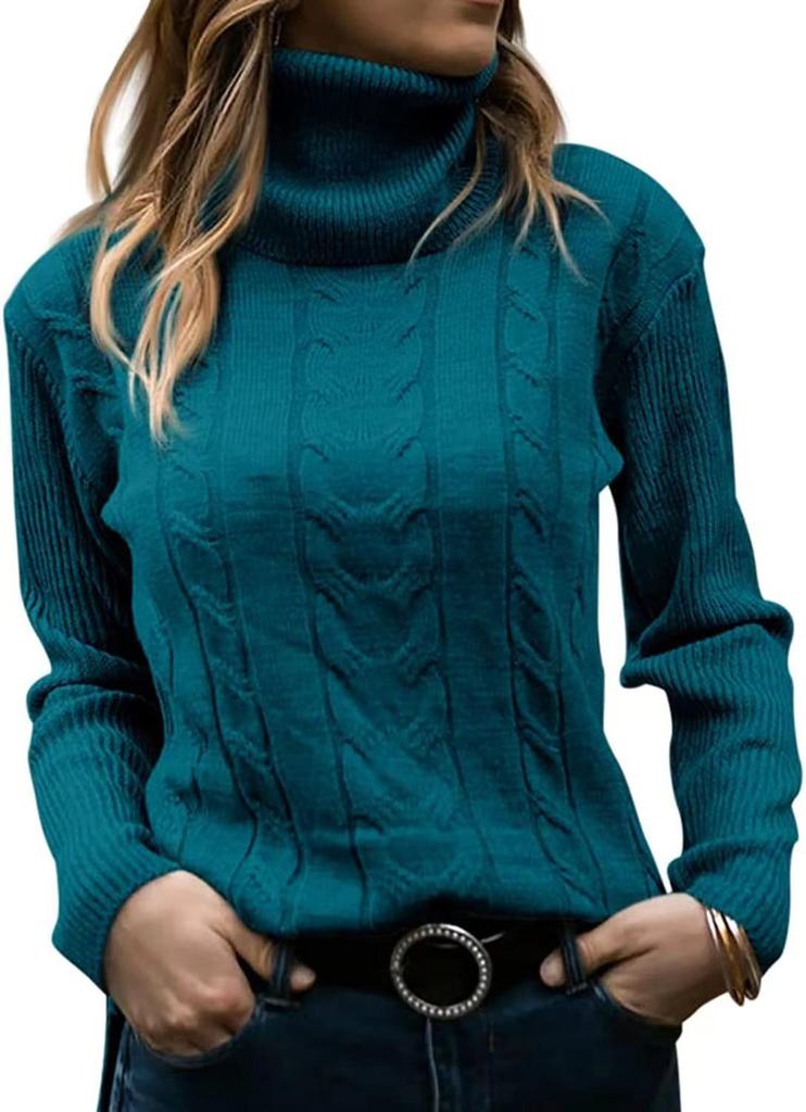 Retro Women's Fall/Winter Solid Color Turtleneck Cable Knit Pullover Sweater Thick Warm Relaxed Slimming Long Sleeve Top