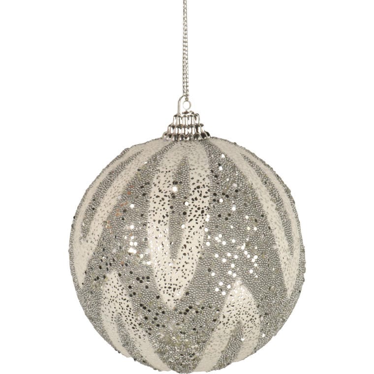 Decorated Styrofoam Bauble in White and Silver with Glitter, Size 8cm