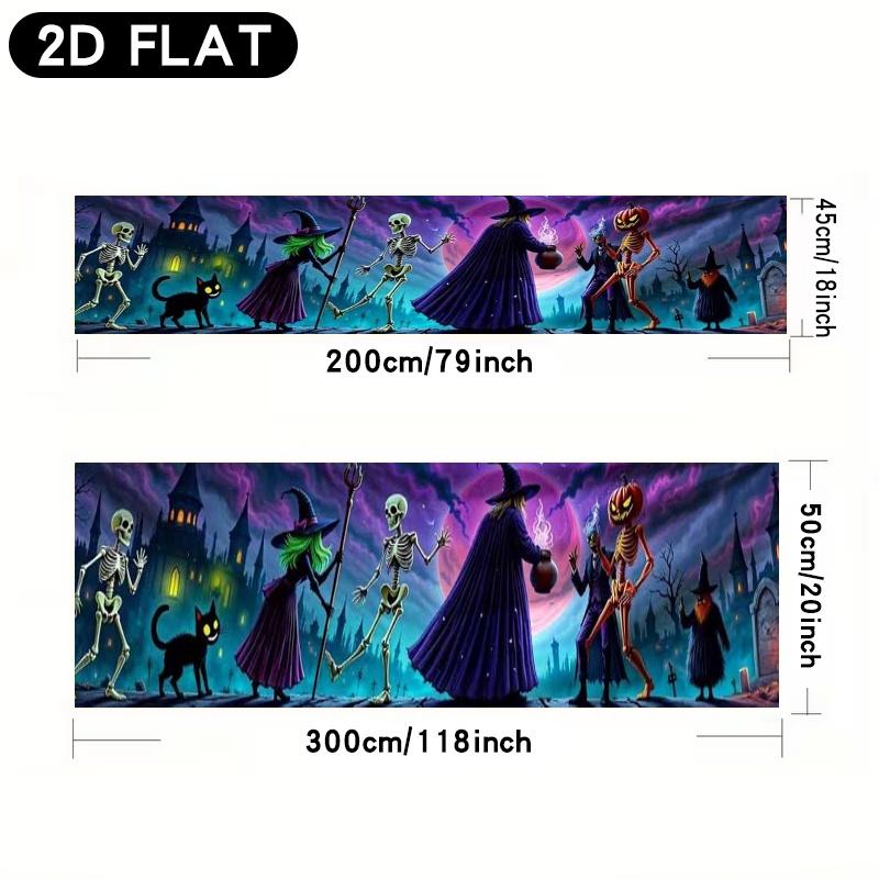 Halloween Fence Party Pennant, Witches Skulls Jack-O'-Lanterns Black Cats Gothic Design, Polyester Outdoor Garden Decoration