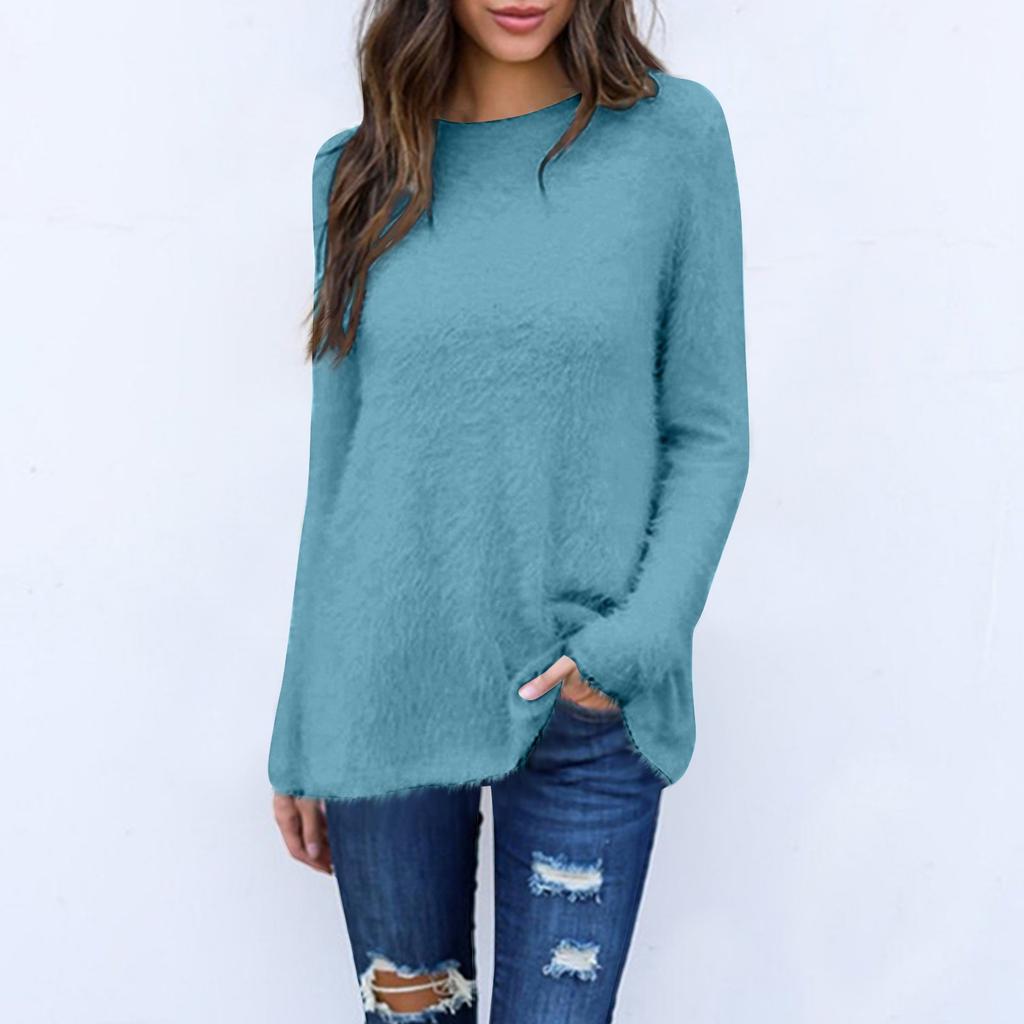 Maglione casual da donna alla moda, a maniche lunghe, ampio, scollo rotondo, davanti, corto, dietro, lungo