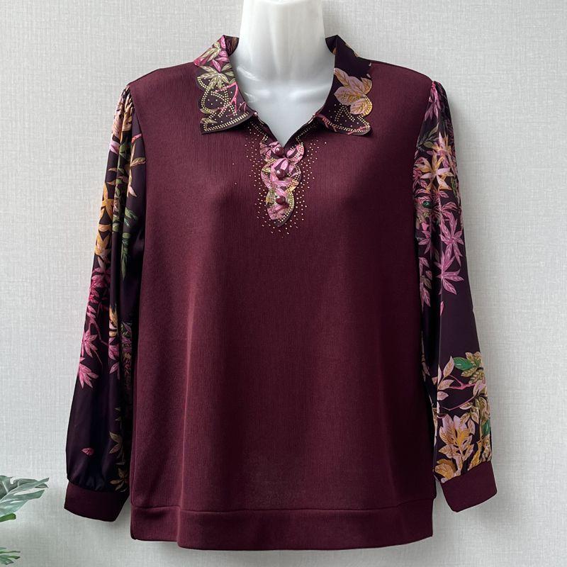 Spring Women's Polo Collar Printed T-Shirt Loose Long-Sleeve Pullover Plus-Size Blouse