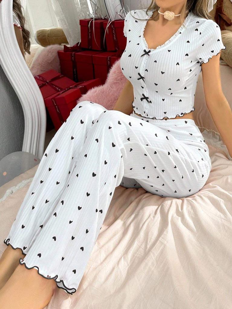 Europäischer & Amerikanischer Damen Pyjama Set mit Herzprint, Kurzarm - Draußen tragbar, Zweiteilige lange Hose Homewear