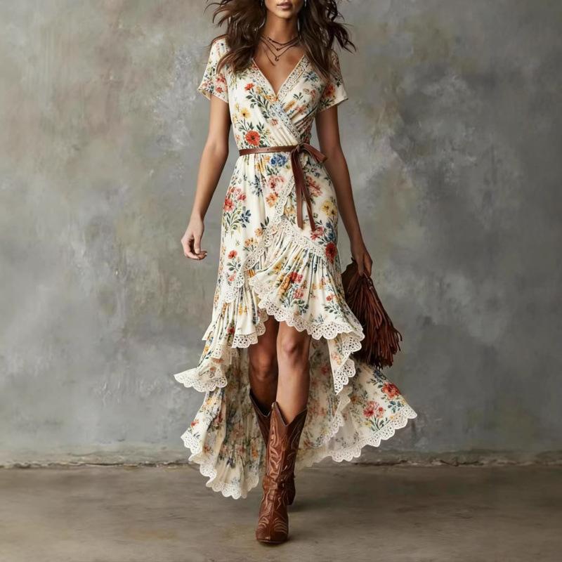Europe Beautiful Women's Dress, Summer New, Bohemian Print Seaside Vacation V-neck Length