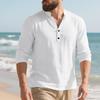 Linen Shirt Stand Collar Button-Up Men's Loose-Fit Casual Breathable V-Neck Henley Long-Sleeved T-Shirt for Men
