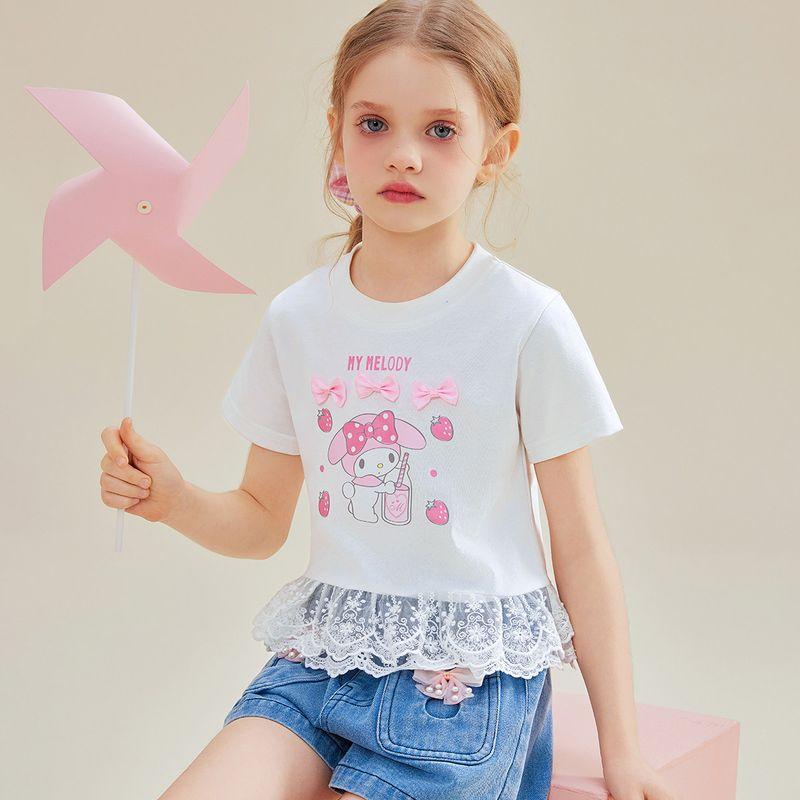Hellokitty Girls  Summer T-Shirt 2025 New Melody Sweet Lace Trim 100% Cotton Children s Top White 160