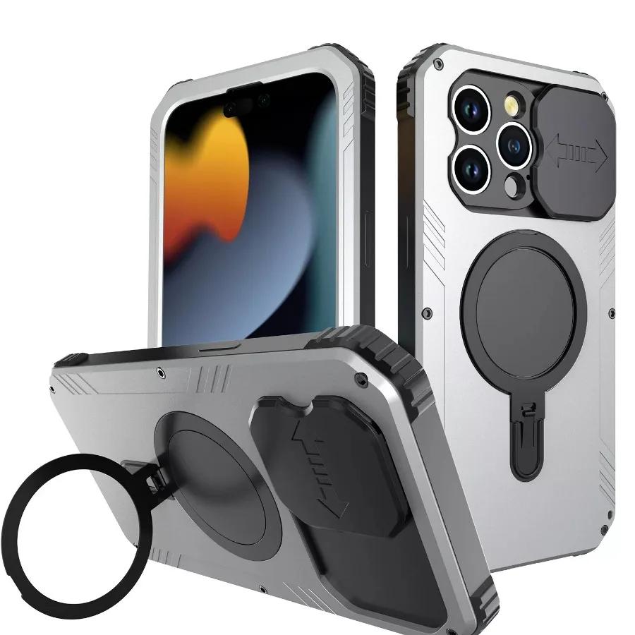 

Aluminum Bumper For iPhone 15 Pro Max Full Body Shockproof Metal Phone Case MagSafe Magnetic Cover Camera Stand Screen Protector For iPhone 15 Pro Max&Aluminum&Case & Holder срібний