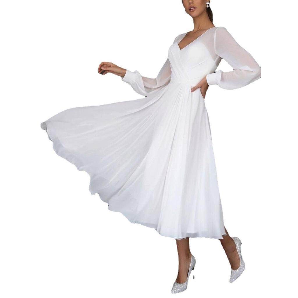 Spring Summer Women's Long Dress, European American Sexy Long Sleeve Chiffon Mesh Maxi Dress Evening Party Gown
