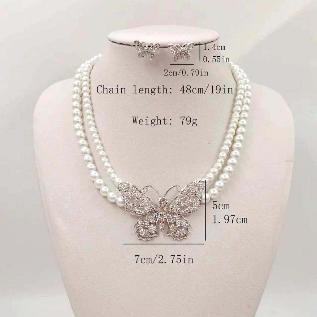 European and American Butterfly Pearl Necklace and Earring Set - Women's Fashionable and Versatile Jewelry