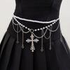 Adjustable Y2K Silver Waist Chain Zinc Zinc Alloy Crystal Tassel Waistband Cross Black Chain Belt  Waist Seal