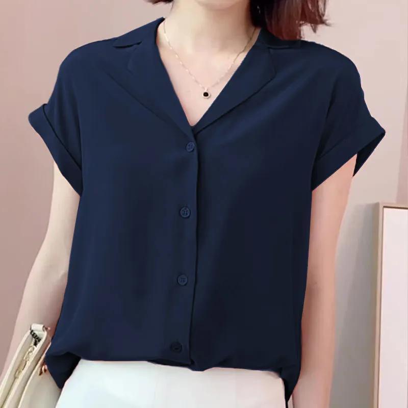 WTEMPO Ice шифоновая рубашка летняя тонкая с коротким рукавом большая свободная футболка модная однотонная офисная женская рубашка топ Y2k M тёмно-синий