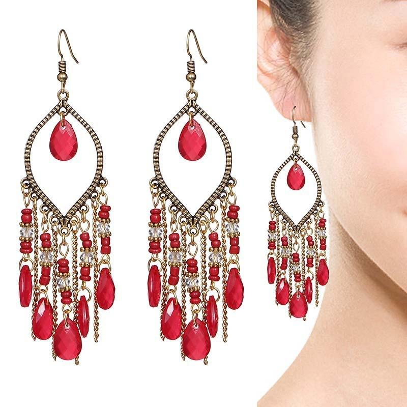 2024 Rhombus Antique Gold-Plated Tassel Beaded Bohemian Dangle Earrings