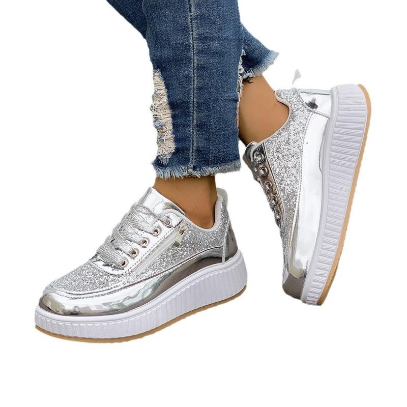 Spring and Autumn Trend Platform Casual Shoes New Glossy Fashion Sports Women's Shoes Low-top Lace-up Flat-soled Single Shoes