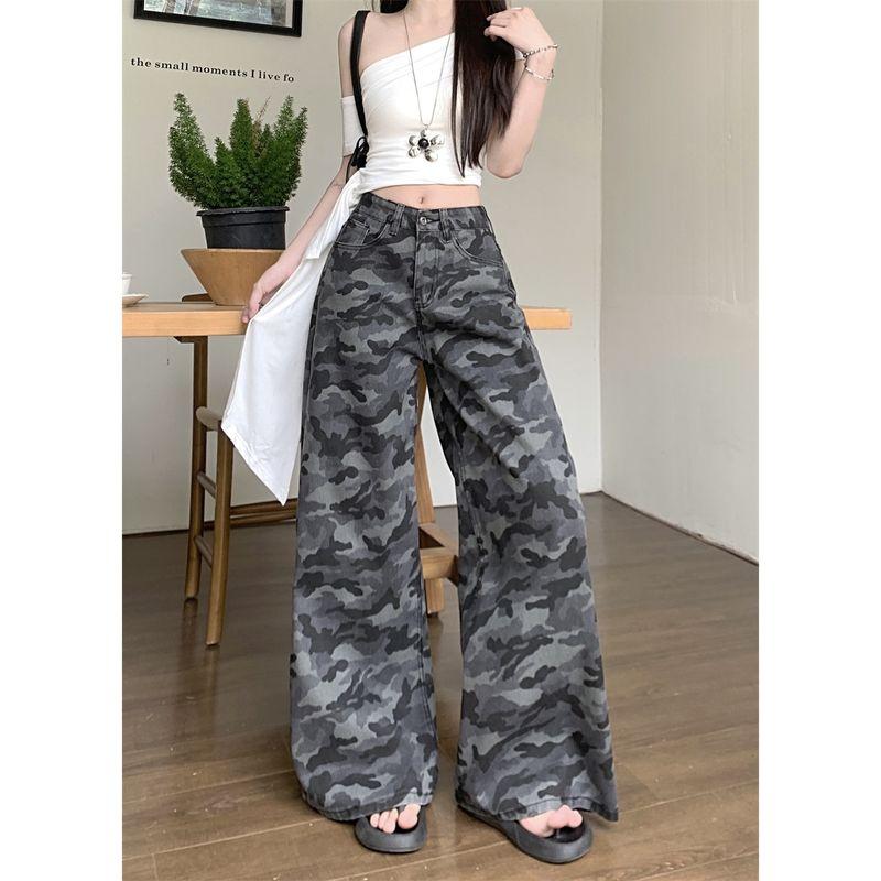 Small Retro Loose Feeling Distressed Camouflage Pants Female Popular This Year High Waist Straight-leg Cargo Jeans Mop Pants