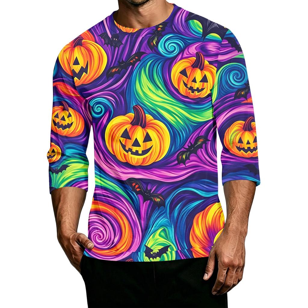 Men's Casual Halloween Print Crew Neck T Shirt Three Quarter Sleeve Top Comfortable Fit Lightweight Fabric Stylish Design