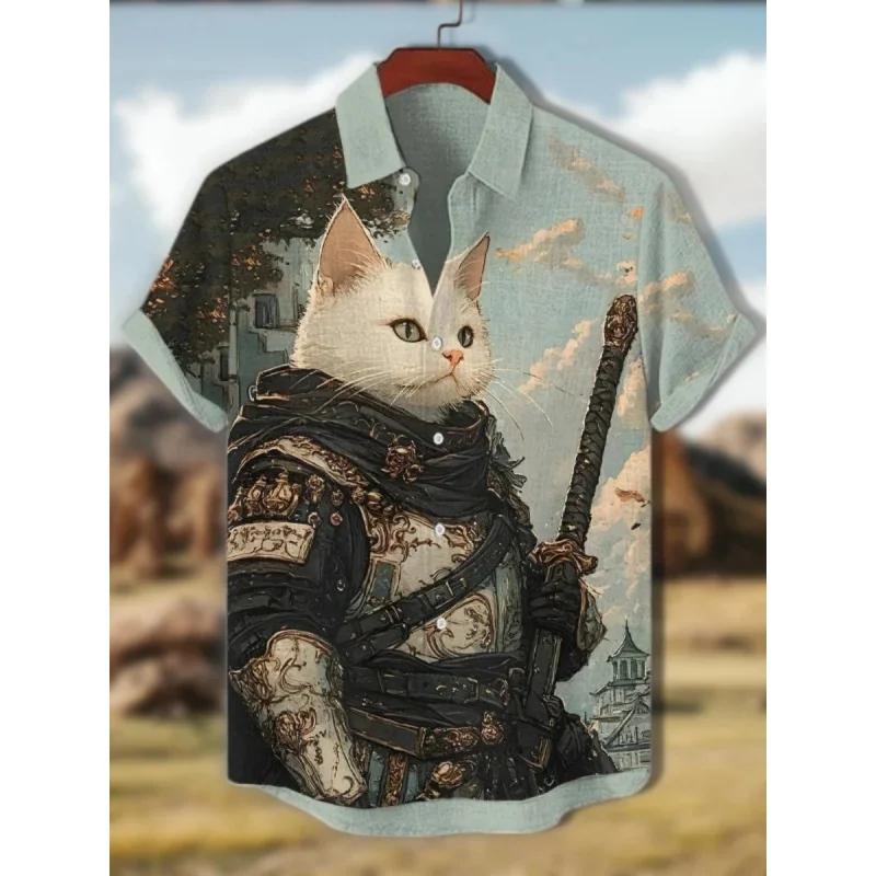 3D Printed Fun Cat Fish Hawaiian Shirt for Men Cute Animals Pattern Aloha Shirts Summer Short Sleeve Tops Street