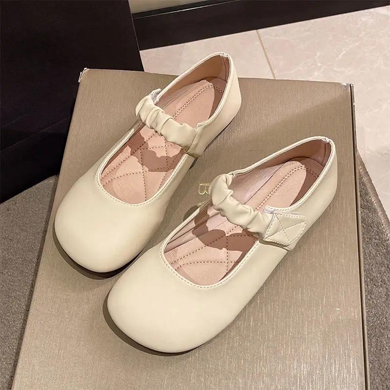 Round Toe One-line Buckle Moccasins Apricot Women's Flat Shoes Anti-slip Solid Color Comfortable and Elegant 39 Ladies Footwear