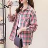 Ladies Blouse Turn Down Collar Long Sleeve Single-breasted Patch Pocket Loose Shirt Top Classic Plaid Print Casual Female Clothing