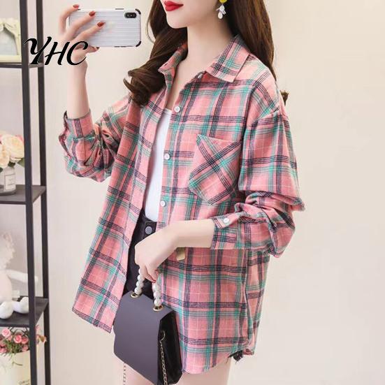 Ladies Blouse Turn Down Collar Long Sleeve Single-breasted Patch Pocket Loose Shirt Top Classic Plaid Print Casual Female Clothing