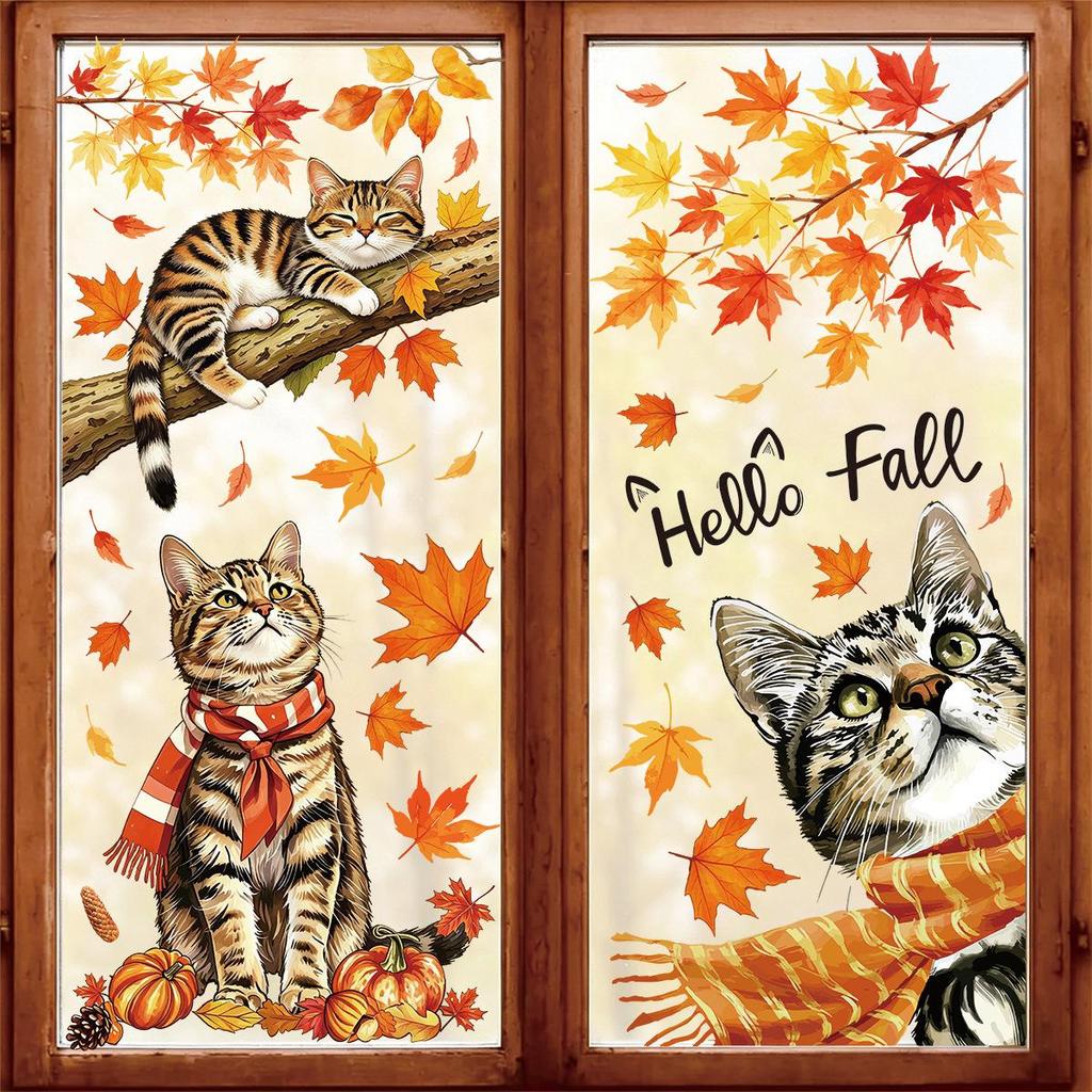 Thanksgiving PVC Window Clings: Cute Cat, Pumpkin, Autumn Leaves Removable Stickers