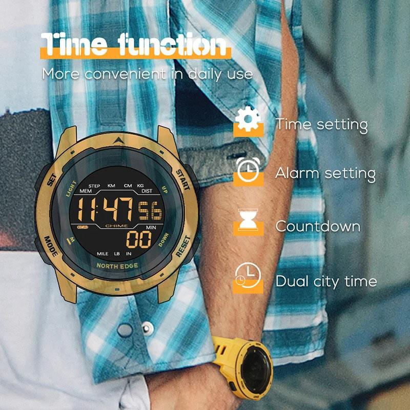 NORTH EDGE Herren Smart Watch Damen Sportuhr Dual Time Running Pedometer Countdown Wasserdicht 50m Digital Alarm Militäruhr