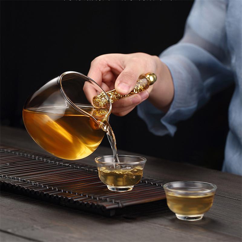 300ml Transparent Heat Resistant Glass Gilded Side Handle Tea Dispenser Fair Cup Chahai Kungfu Tea Set Justice Cup