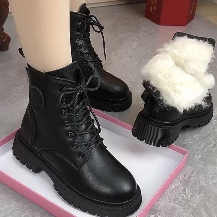 Women's Large Size Leather Soft Sole Increased Height Winter Warm Fur Snow Boots Padded Lined Ankle Boots Non-Slip Hiking Casual Sports Martin Boots