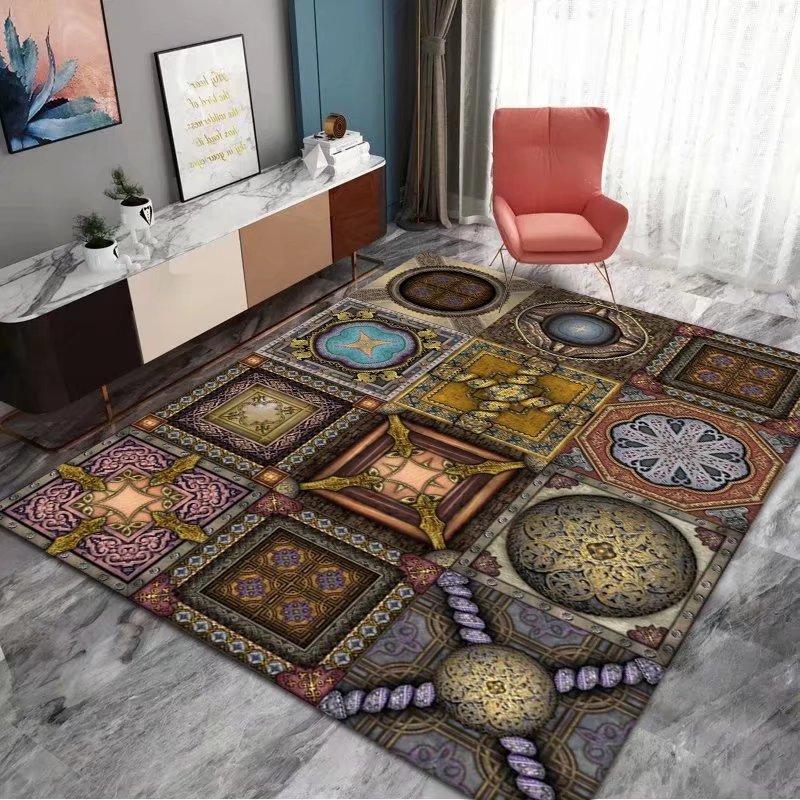 Bohemian Mandala Carpet Black Beige Lace Border Intricate Pattern Non Slip Area Rug for Vintage Home Decor